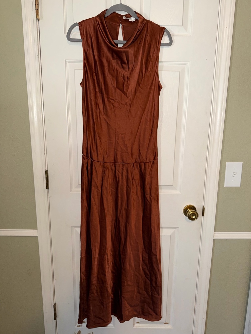 Veronica Beard Kura Cowl-Neck Satin Sleeveless Maxi Dress in Cognac